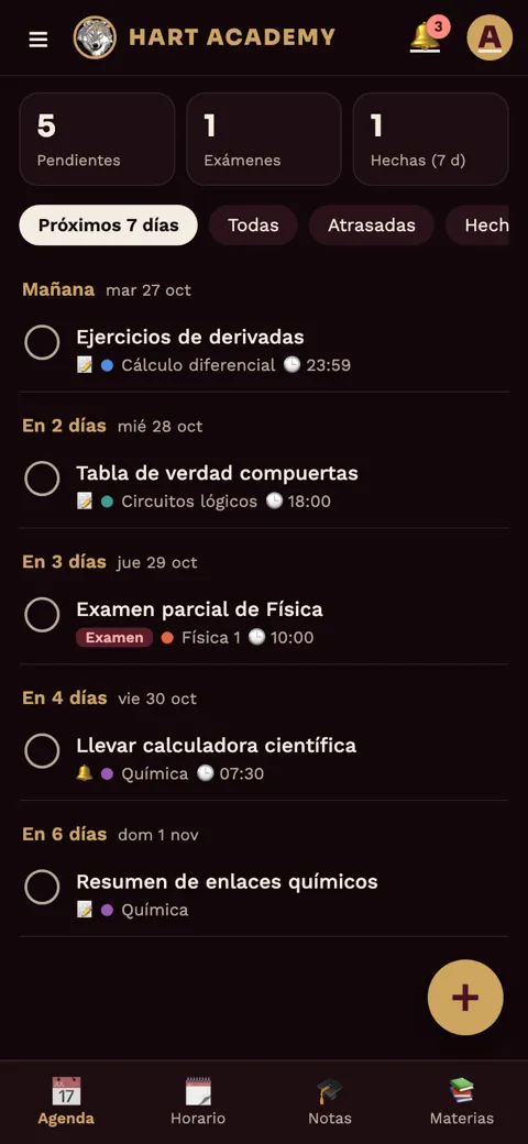 Agenda de tareas y exámenes en la app Hart Academy