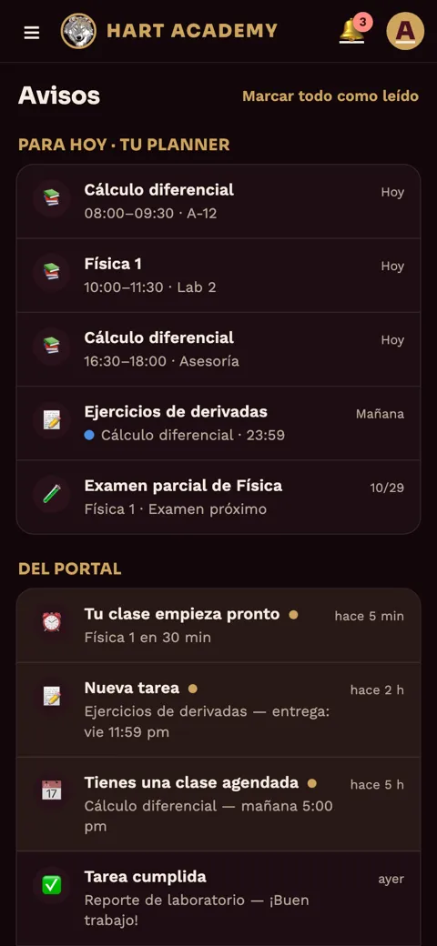Avisos de clases, tareas y comunicados en la app
