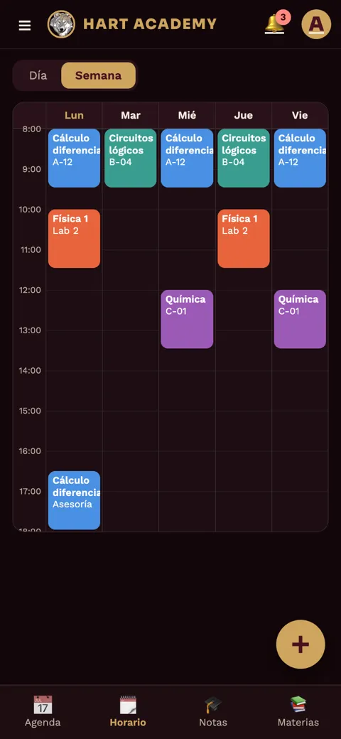 Horario semanal de clases en la app