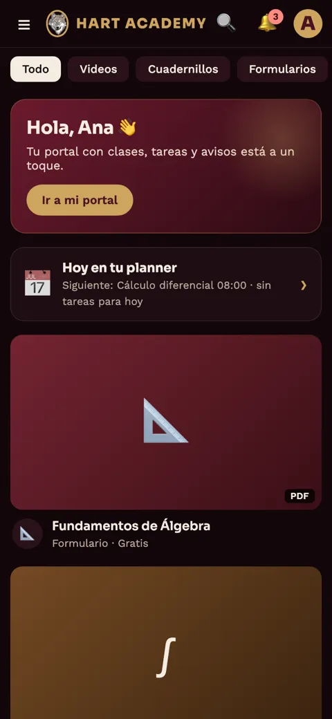 Pantalla de inicio de la app con formularios y videos